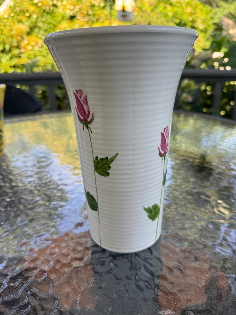 White Cottagecore Porcelain Vase with Pink Rose Accents 8.5 high 5.5 wide rim